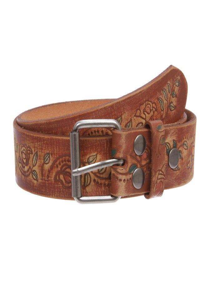 Beltiscool 1 1/2" Snap On Floral Tree Engraving Oil Tanned Vintage Full Grain Leather Belt, Tan | 30" - Image 1
